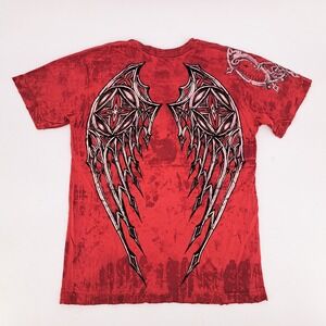 Affliction Mens S Red Graphic TShirt Cross Wings LA Style Short Sleeve Velour
